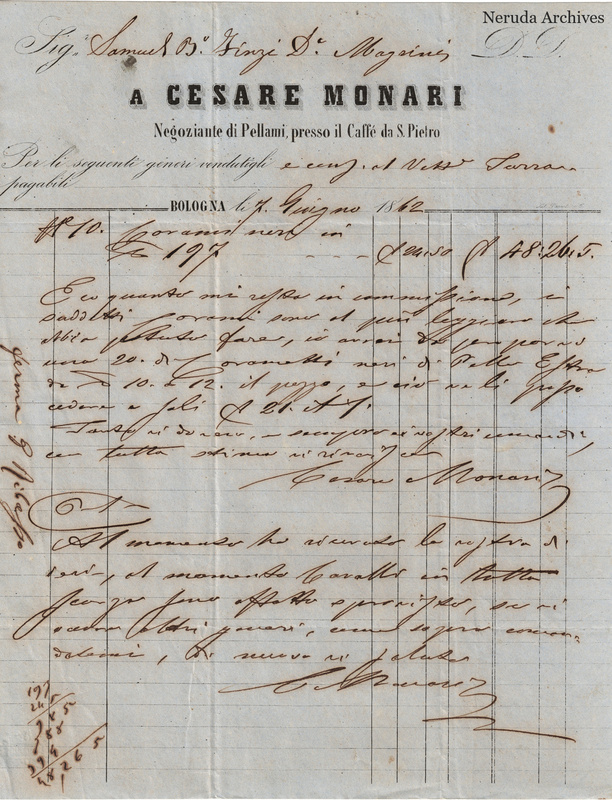 NRA-L-000758 image 2 showing Cesare Monari's letter and invoice from Bologna dated 7. Giugno 1862, with signature and invoice figures.