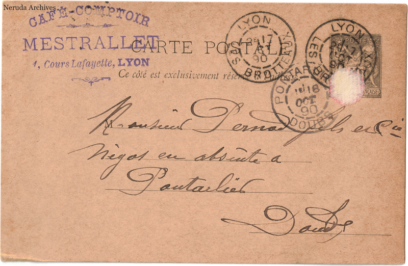 NRA-L-000238 image 1 showing the address side of a postcard sent by Mestrallet, Café-Comptoir to Pernod Fils & Cie, with contemporary postal and business marks.