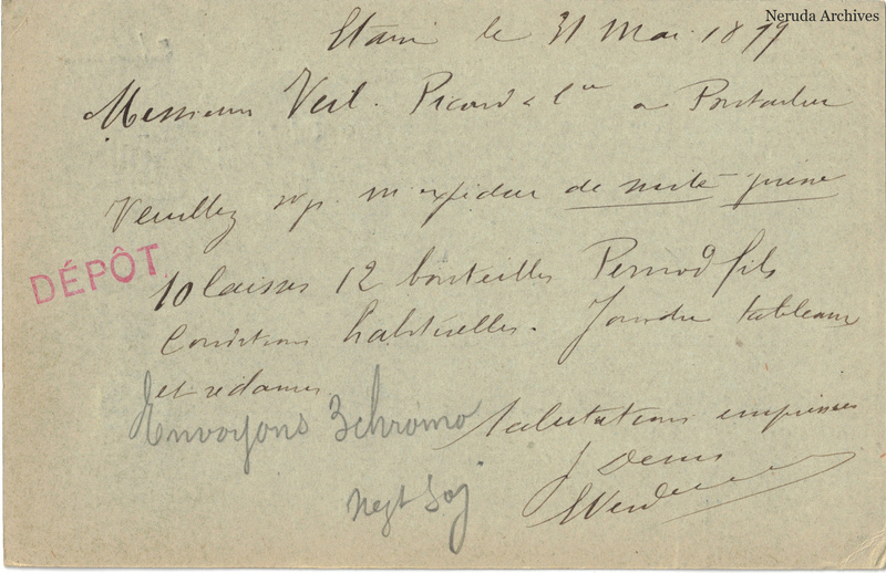 NRA-L-000298 image 2 showing the handwritten message from J. Denis to Veil-Picard & Cie, Maison Pernod Fils, with contemporary annotations and the sender's signature or business mark.