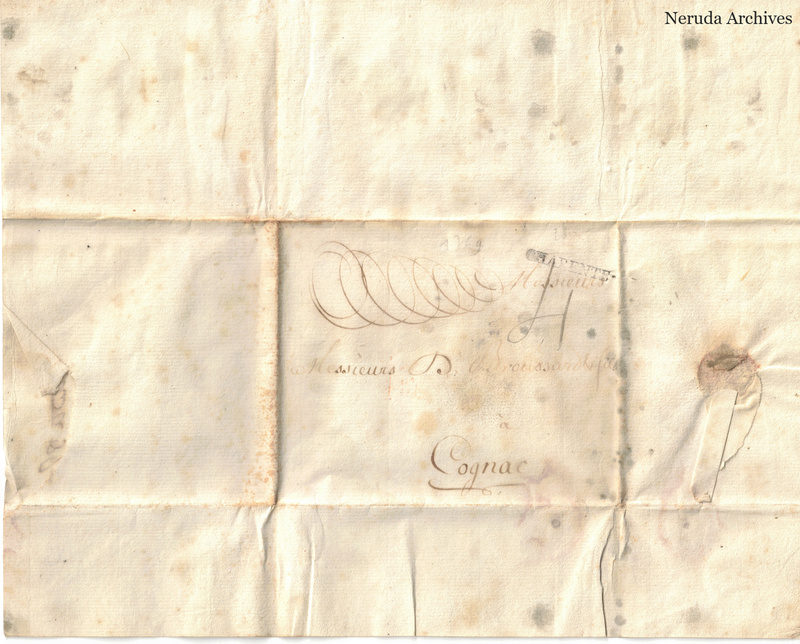 NRA-L-000388 image 1 showing a folded address panel to a correspondent in Cognac, with a sealing remnant, faint postal markings and paper wear.