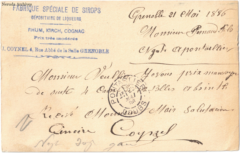 NRA-L-000192 image 2 showing the handwritten message from J. Coynel to Pernod Fils, with contemporary annotations and the sender's signature or business mark.