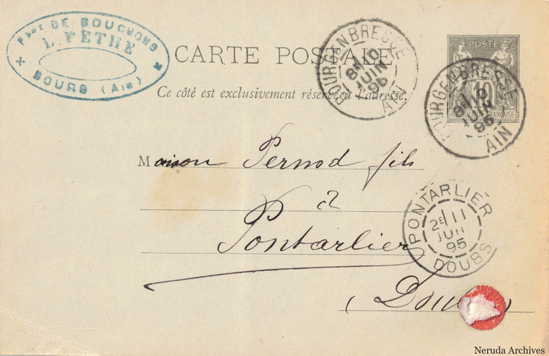 NRA-L-000293 image 1 showing the address side of a postcard sent by V. Carli, for L. Pethe to Pernod Fils, with contemporary postal and business marks.