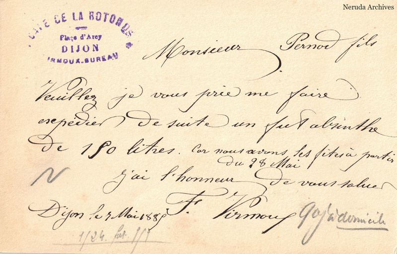 NRA-L-000235 image 2 showing the handwritten message from F. Irmoux, Café de la Rotonde to Pernod Fils, with contemporary annotations and the sender's signature or business mark.