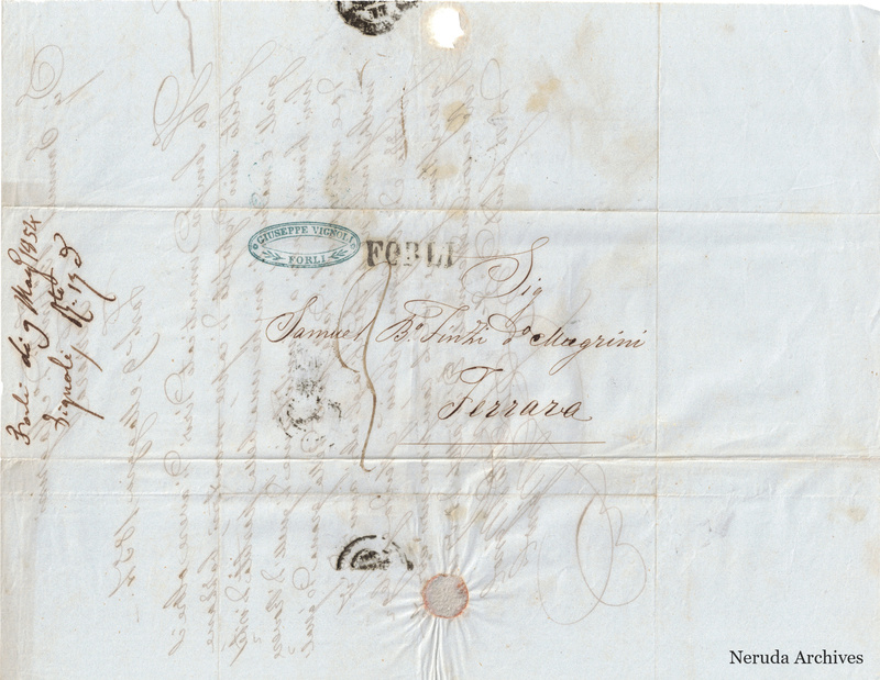 NRA-L-000735 image 1 showing the folded delivery address to Samuele B.o Finzi D.o Magrini in Ferrara, postal marks and a handwritten filing docket.