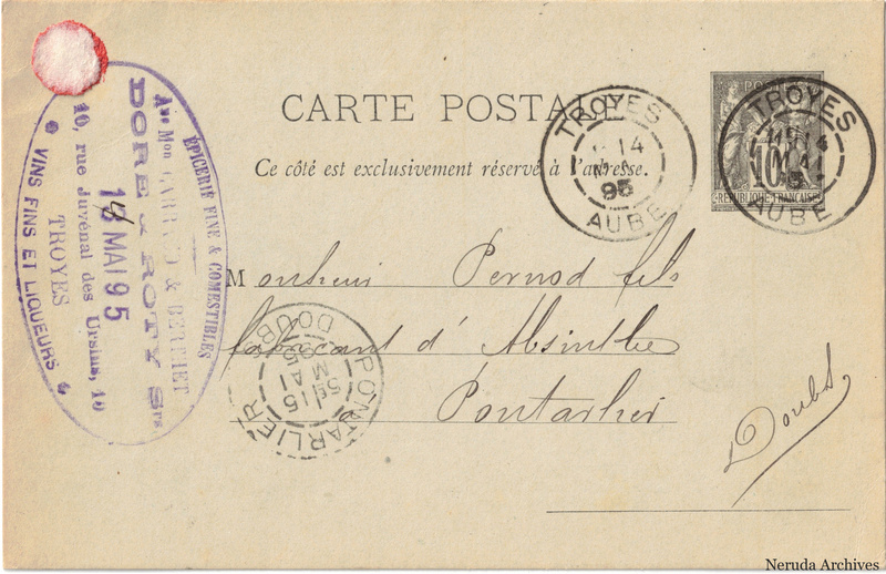 NRA-L-000270 image 1 showing the address side of a postcard sent by Doré & Roty to Pernod Fils, with contemporary postal and business marks.