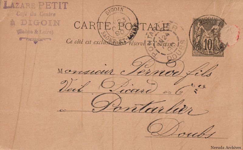NRA-L-000271 image 1 showing the address side of a postcard sent by Lazare Petit, Café du Centre to Veil-Picard & Cie, Maison Pernod Fils, with contemporary postal and business marks.