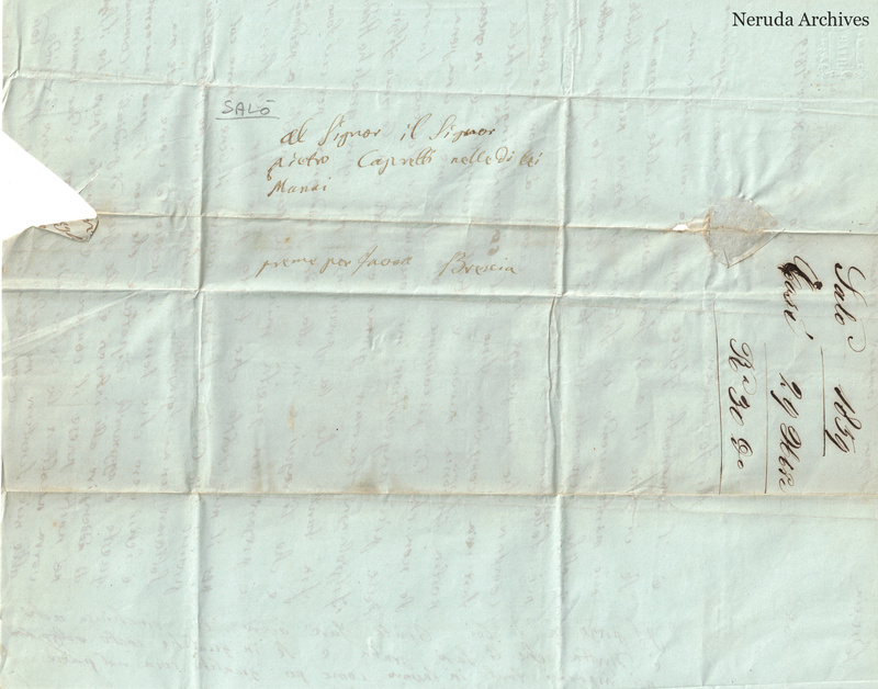 NRA-L-000328 image 1 showing the address side of a pale blue Italian letter, with manuscript docketing, fold lines, tears and a large loss at the left edge.
