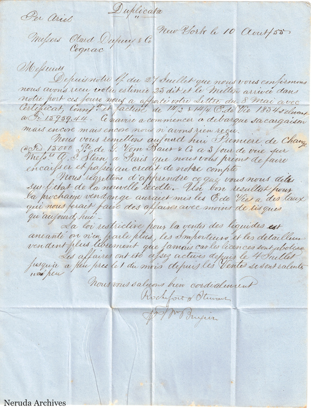 NRA-L-000403 image 2 showing a handwritten French duplicate commercial letter from New York, with a dated heading, closing signature and folds on blue paper.