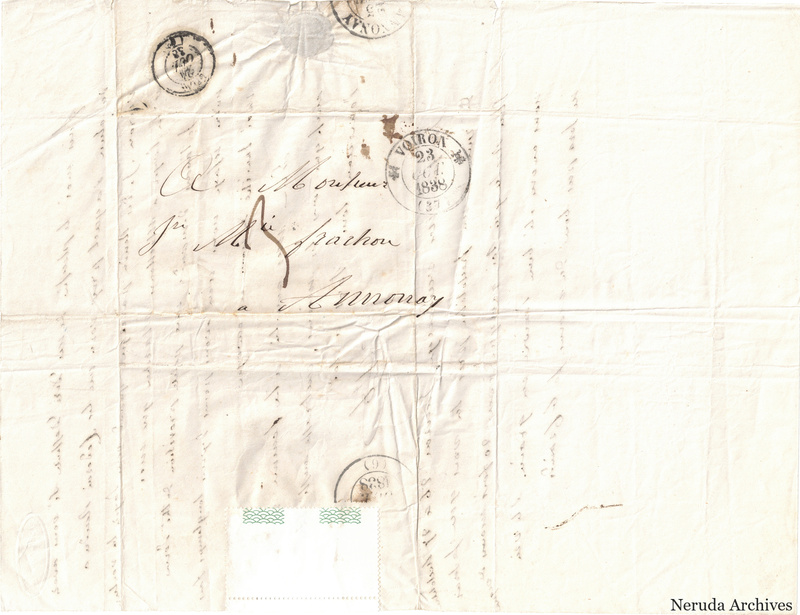 NRA-L-000495 image 1 showing a folded address panel to a Frachon correspondent with circular postal marks, routing notations and visible folds.