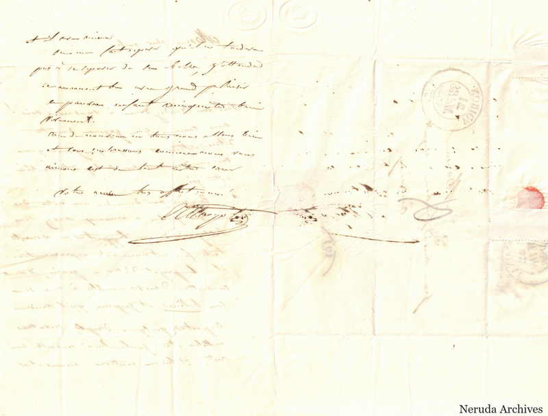 NRA-L-000487 image 2 showing the continuation and closing of a French letter with signature, fold lines, a red wax seal and circular postal marks.
