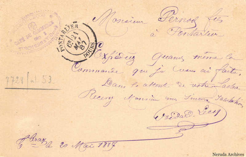 NRA-L-000179 image 2 showing the handwritten postcard message sent from Épernay, with absinthe-trade correspondence and the sender's signature.