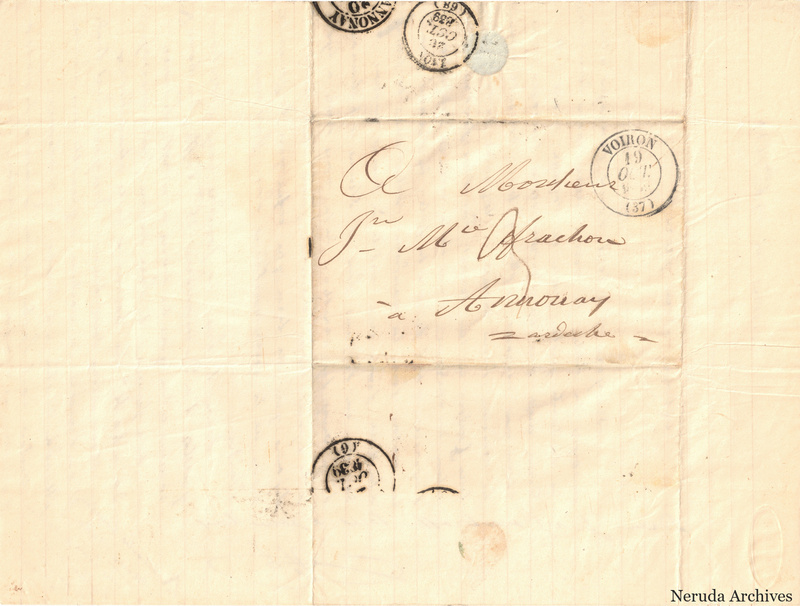 NRA-L-000509 image 1 showing a folded address panel to a Frachon correspondent with postal marks, routing notations and visible folds.
