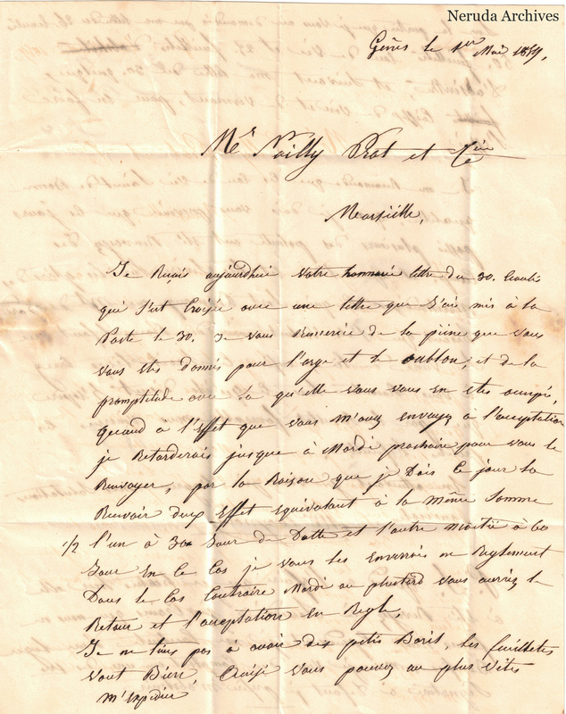 NRA-L-000133 image 2 showing the first page of a handwritten commercial letter dated at Genoa, with salutation, dense cursive text and folds.