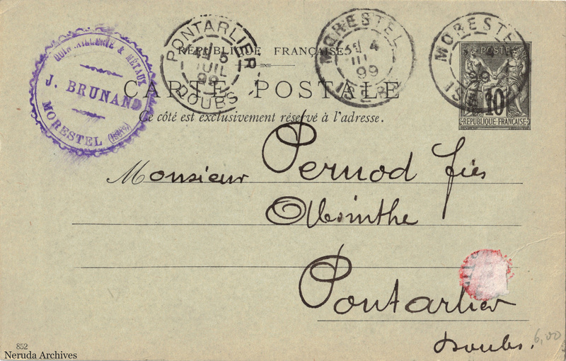 NRA-L-000347 image 1 showing the address side of a postcard sent by J. Brunand to Pernod Fils, with contemporary postal and business marks.