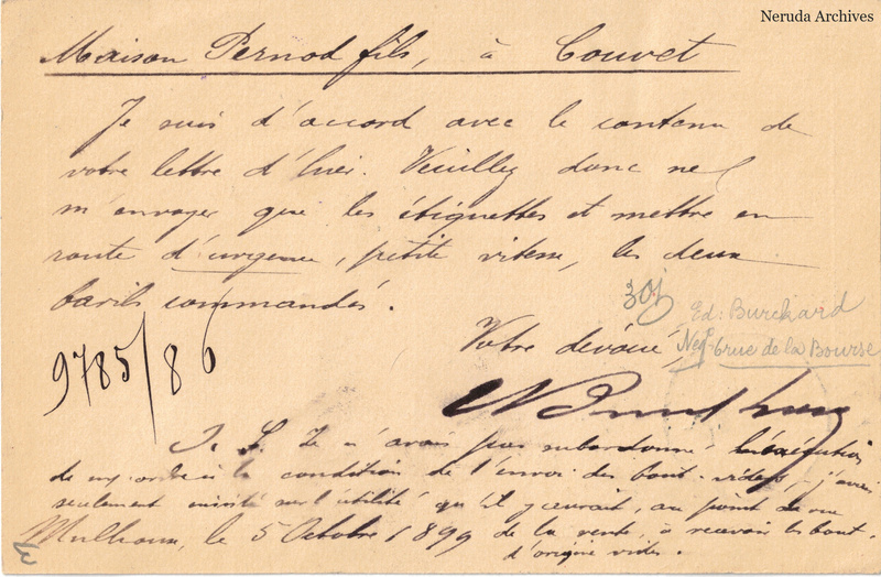 NRA-L-000166 image 2 showing a French business message to Maison Pernod fils about labels and two barrels, with signatures and a dated annotation.