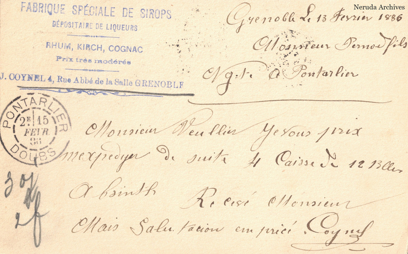 NRA-L-000280 image 2 showing the handwritten message from J. Coynel to Pernod Fils, with contemporary annotations and the sender's signature or business mark.
