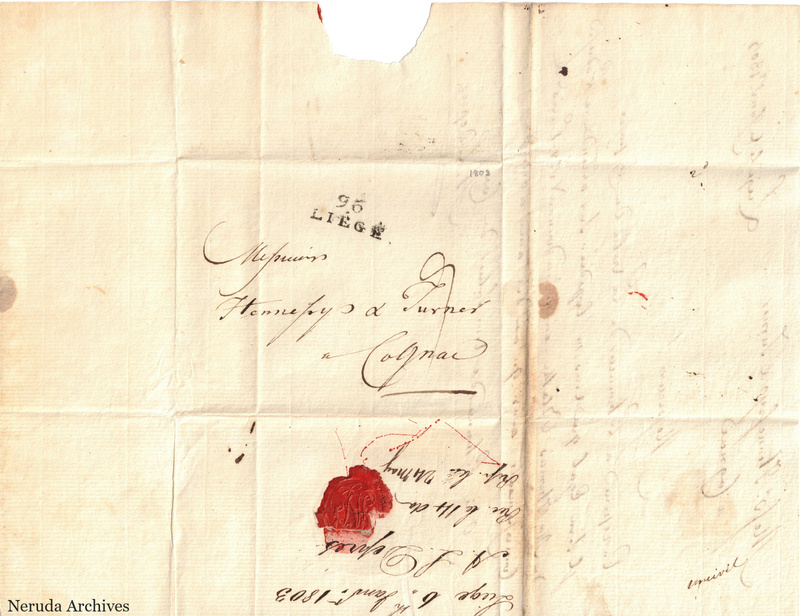 NRA-L-000393 image 1 showing the folded address panel to a firm in Cognac, with postal evidence, a red seal and later annotations.