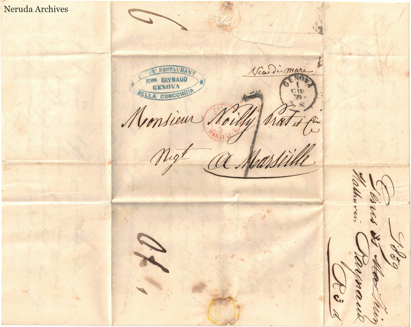 NRA-L-000133 image 1 showing a folded address panel to a Marseille firm with postal marks, a hotel and restaurant handstamp, manuscript docketing, folds and a seal remnant.