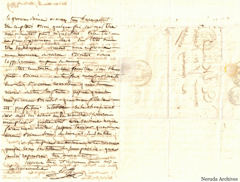 NRA-L-000483 image 2 showing the continuation and closing of a French letter with signature, folded exterior panels, circular postal marks and docketing.