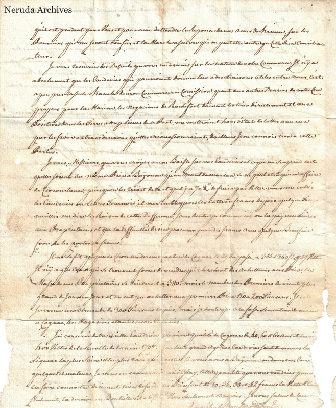 NRA-L-000420 image 3 showing the continuation and signature of the dense handwritten French letter, with damaged paper edges.
