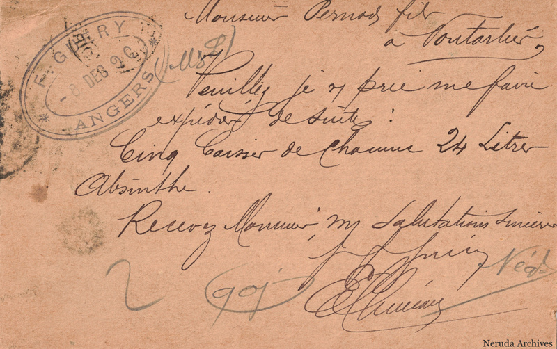 NRA-L-000175 image 2 showing the handwritten postcard message sent from Angers, with absinthe-trade correspondence and the sender's signature.