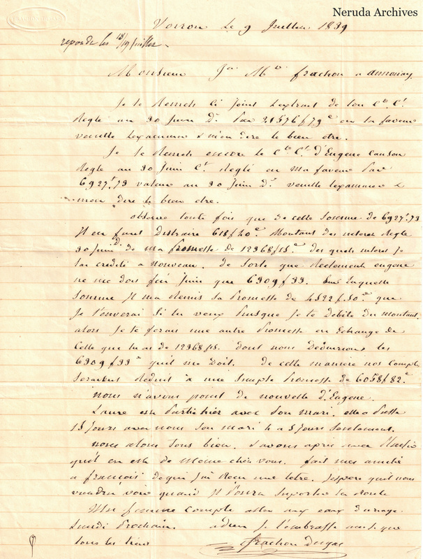 NRA-L-000481 image 2 showing a ruled handwritten French letter dated at Voiron in July 1839, with numerical calculations, closing and signature.