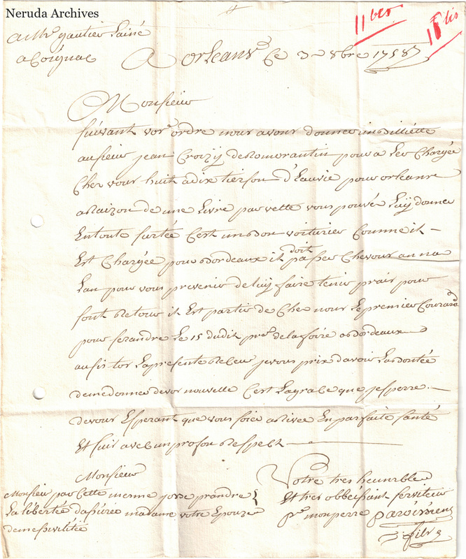NRA-L-000398 image 2 showing a handwritten French commercial letter with a marginal note, closing signature, folds and small paper holes.