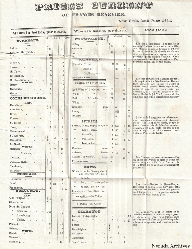 NRA-L-000123 image 3 showing the printed Prices Current of Francis Renevier, New York, 30 June 1831, with wine and spirits quotations, market remarks, duties and exchange rates, including Absinthe of Couvet.