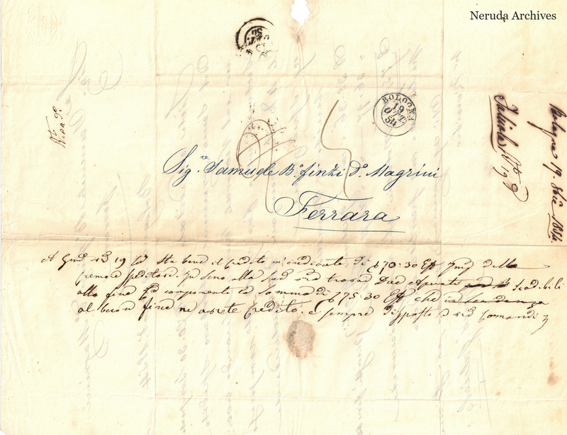 NRA-L-000717 image 1 showing the folded address panel to Samuel Finzi called Magrini in Ferrara, Bologna postal evidence, and recipient reply drafts.