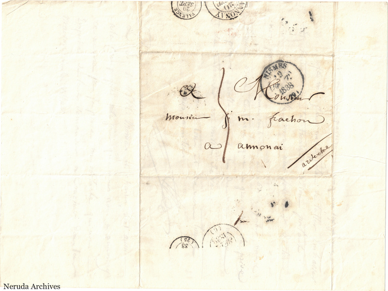 NRA-L-000563 image 1 showing a folded address panel to a Frachon correspondent with postal marks, routing notes, seals, folds and retained annotations.