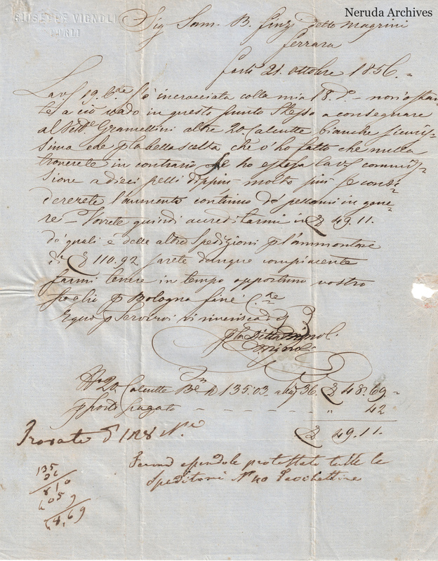 NRA-L-000729 image 2 showing opened manuscript letter showing its dateline, message and signature. An account and handwritten calculation are also visible.
