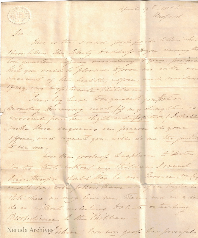 NRA-L-000014 image 2 showing the first page of Mary Sophia Coates's letter from Newport, dated 19 April 1826, concerning her children.
