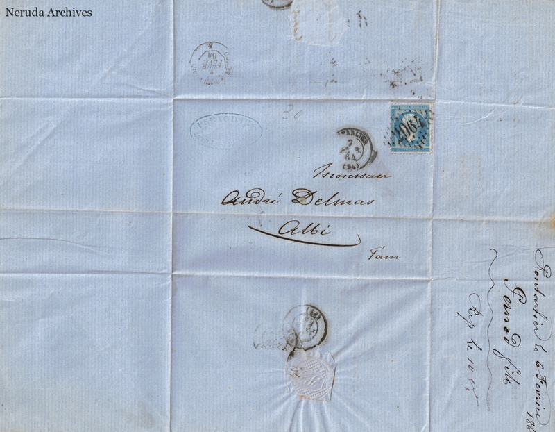 NRA-L-000125 image 1 showing the folded blue-paper address panel to Andre Delmas in Albi with a postage stamp, circular postal marks, receiver docketing and seal remnant.