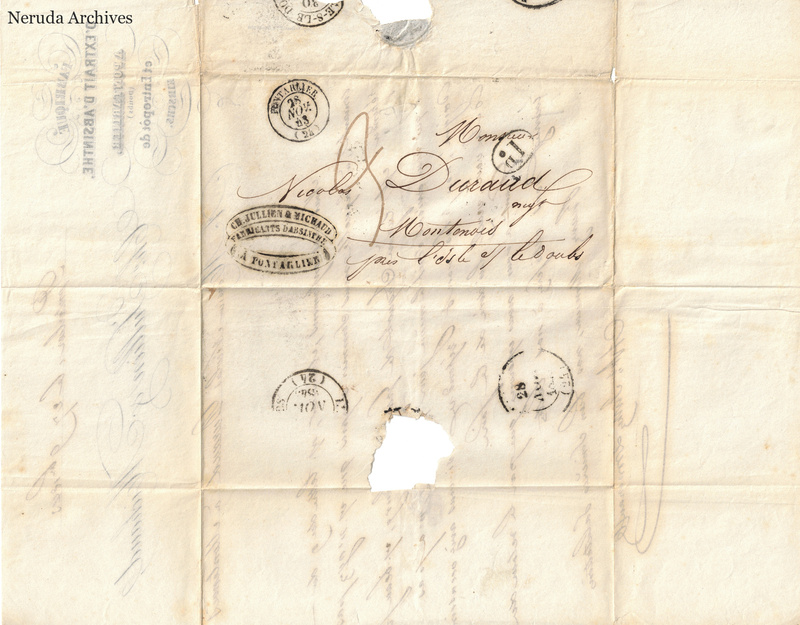 NRA-L-000144 image 1 showing a folded address panel to Nicolas Duval, with postal marks, business handstamps, receiver docketing, folds, seal evidence and several interior paper losses.
