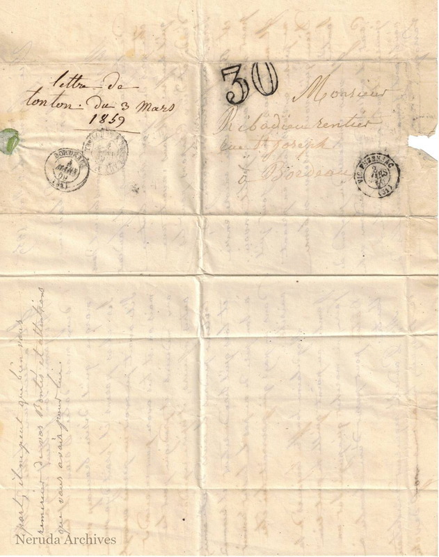 NRA-L-000039 image 1 showing address to Monsieur Ribadieu in Bordeaux, with filing note and postal evidence.