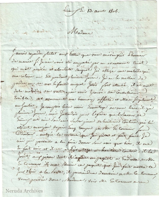 NRA-L-000008 image 2 showing the first page of Coutain's letter from Lisieux, dated 13 August 1806.