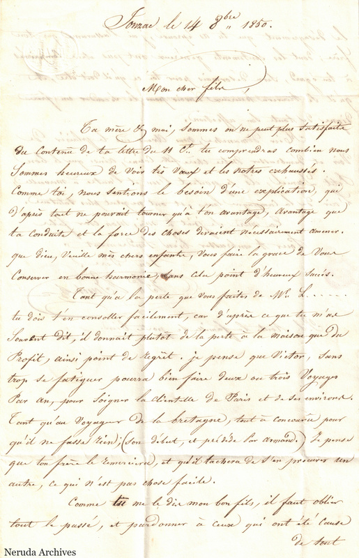 NRA-L-000422 image 2 showing the first page of a handwritten French family letter dated 14 October 1850.
