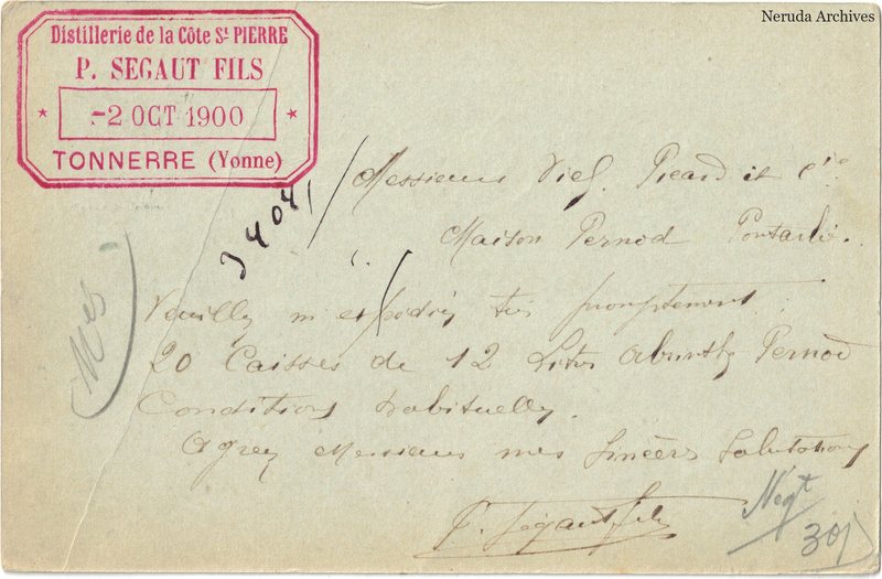 NRA-L-000278 image 2 showing the handwritten message from P. Segaut Fils to Veil-Picard & Cie, Maison Pernod Fils, with contemporary annotations and the sender's signature or business mark.