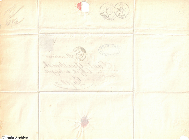 NRA-L-000142 image 2 showing the pale reverse of the folded wrapper with postal impressions, faint manuscript docketing, a seal remnant, folds, an interior paper loss and ragged lower corners.