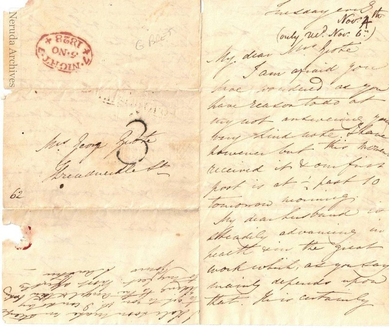NRA-L-000002 image 1 showing the address to Mrs George Grote, the beginning of the letter and an upside-down marginal note.