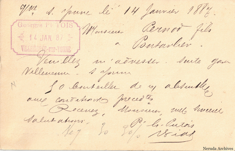 NRA-L-000286 image 2 showing the handwritten message from G. Putois to Pernod Fils, with contemporary annotations and the sender's signature or business mark.