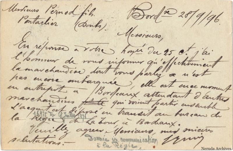 NRA-L-000289 image 2 showing the handwritten message from E. Jurie to Pernod Fils, with contemporary annotations and the sender's signature or business mark.
