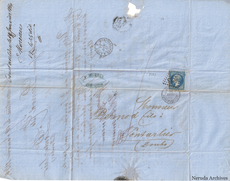 NRA-L-000118 image 1 showing the folded blue-paper address panel to Pernod fils in Pontarlier with a postage stamp, multiple postal marks, receiver docketing, seal evidence and paper loss.