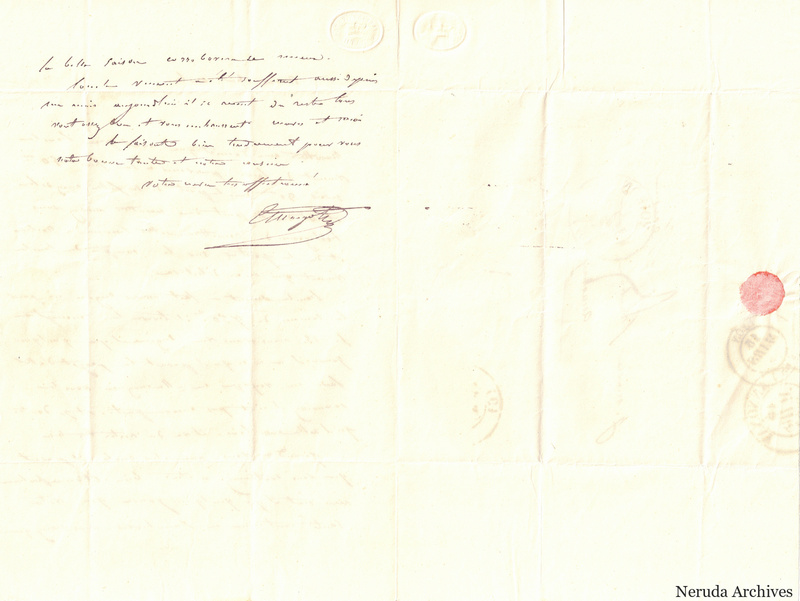 NRA-L-000486 image 2 showing the continuation and closing of a French letter with signature, fold lines, a red wax seal and circular postal marks.