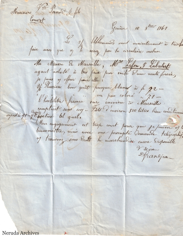 NRA-L-000086 image 2 showing a French manuscript commercial letter dated at Geneva with spirit prices, a 500-litre reference, signature and an irregular lower-left paper loss.