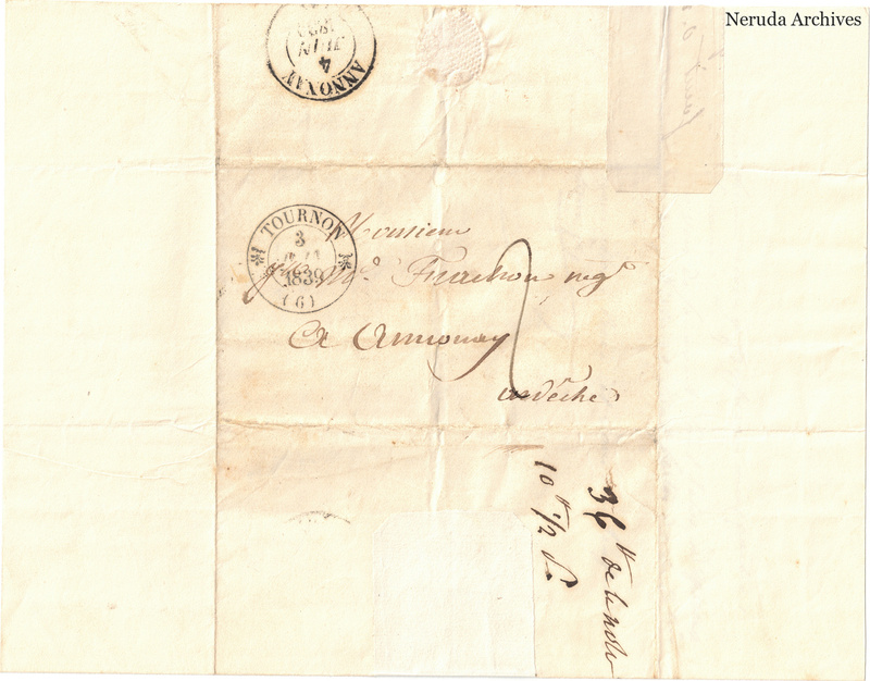 NRA-L-000586 image 1 showing a folded address panel to a Frachon correspondent with postal marks, routing notes, seals, folds and retained annotations.