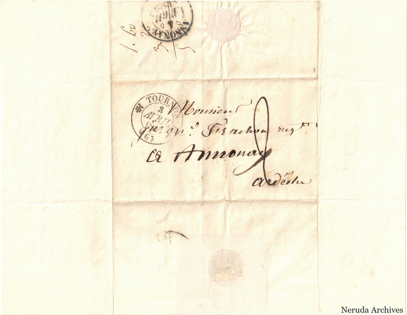 NRA-L-000592 image 1 showing a folded address panel to a Frachon correspondent at Annonay, with handwritten delivery address, postal marks, sealing evidence, folds and retained annotations.