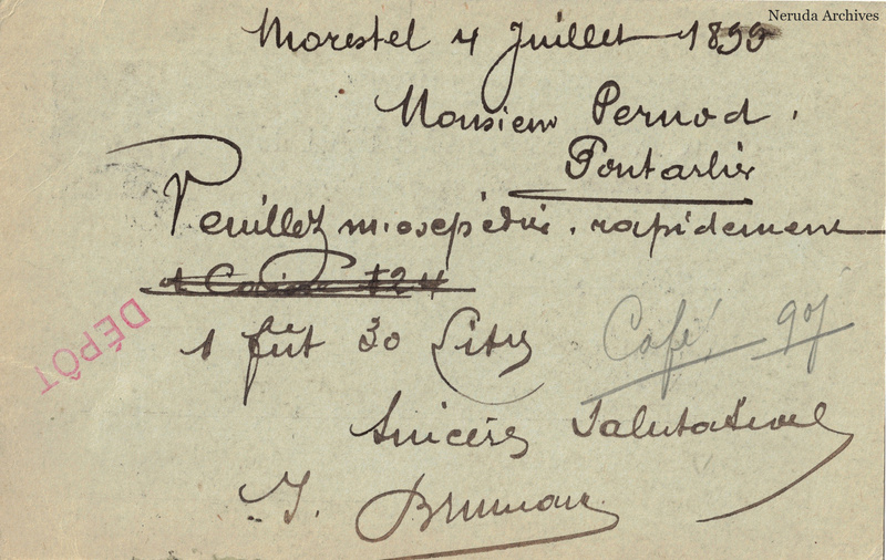 NRA-L-000347 image 2 showing the handwritten message from J. Brunand to Pernod Fils, with contemporary annotations and the sender's signature or business mark.