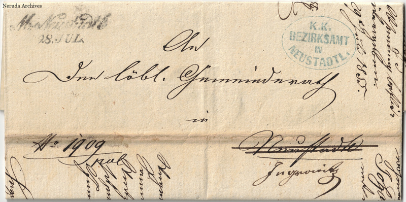 NRA-L-000047 image 1 showing the folded address panel with a blue K.K. Bezirksamt Neustadtl stamp and extensive docketing.