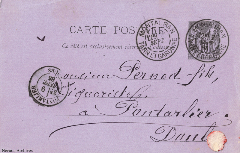NRA-L-000274 image 1 showing the address side of a postcard sent by L. Pougheol to Pernod Fils, with contemporary postal and business marks.